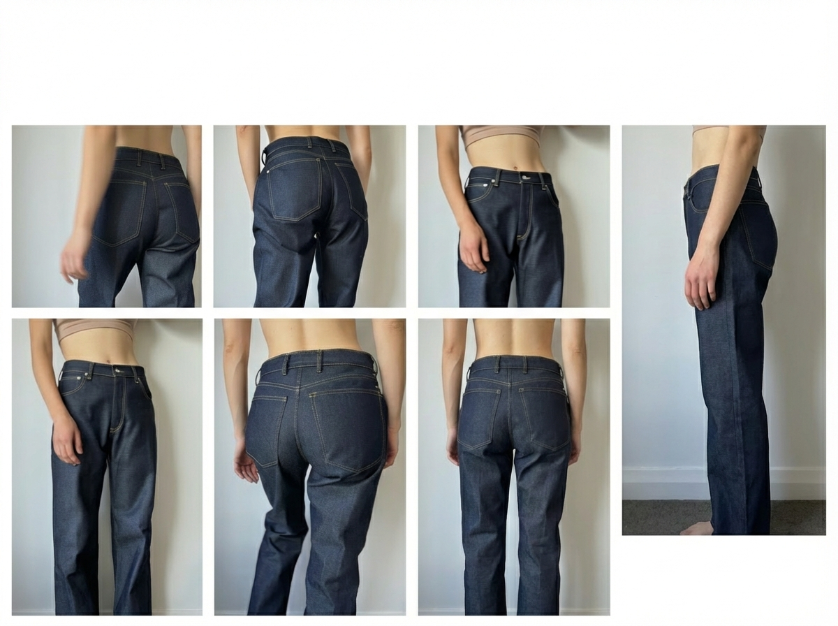 Collage of a person wearing dark SOH blue jeans from different angles against a plain background